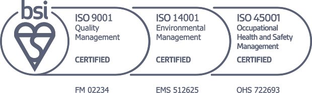 British Standards Institution showing ISO 9001 Quality Management, ISO 14001 Environmental Management, and ISO 45001 Occupational Health and Safety Management